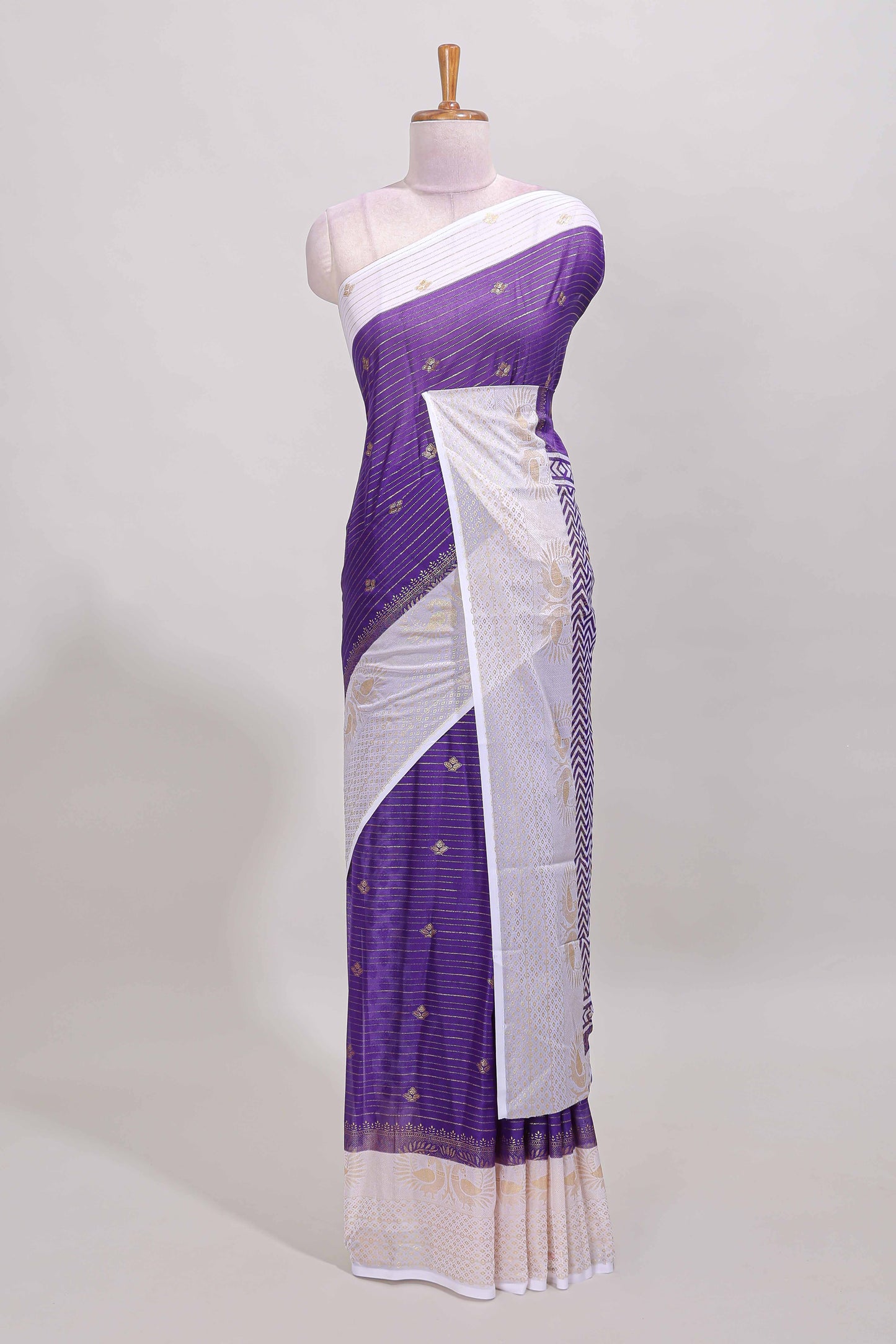 Violet zari striped dola silk saree with contrast zari border and blouse