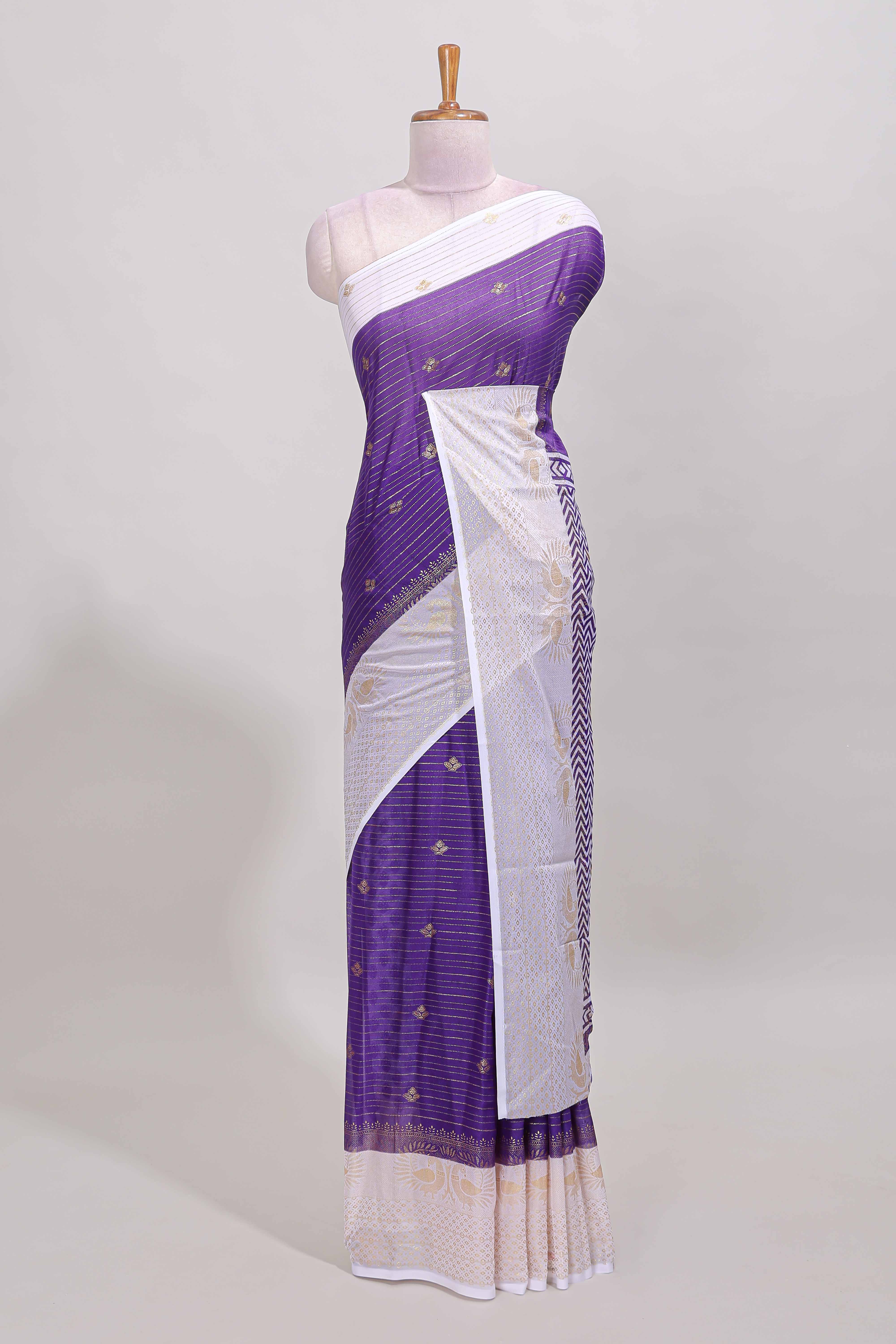 Violet zari striped dola silk saree with contrast zari border and blouse