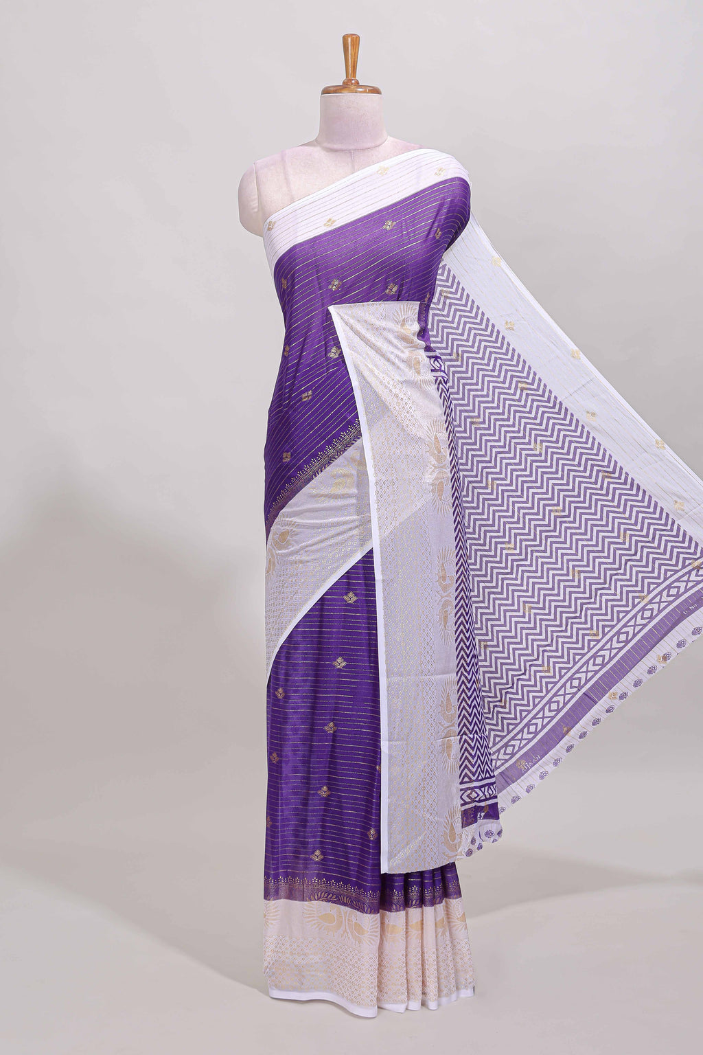 Violet zari striped dola silk saree with contrast zari border and blouse