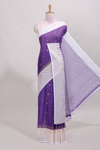 Violet zari striped dola silk saree with contrast zari border and blouse