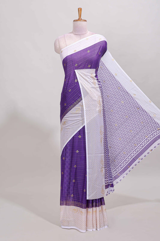 Violet zari striped dola silk saree with contrast zari border and blouse