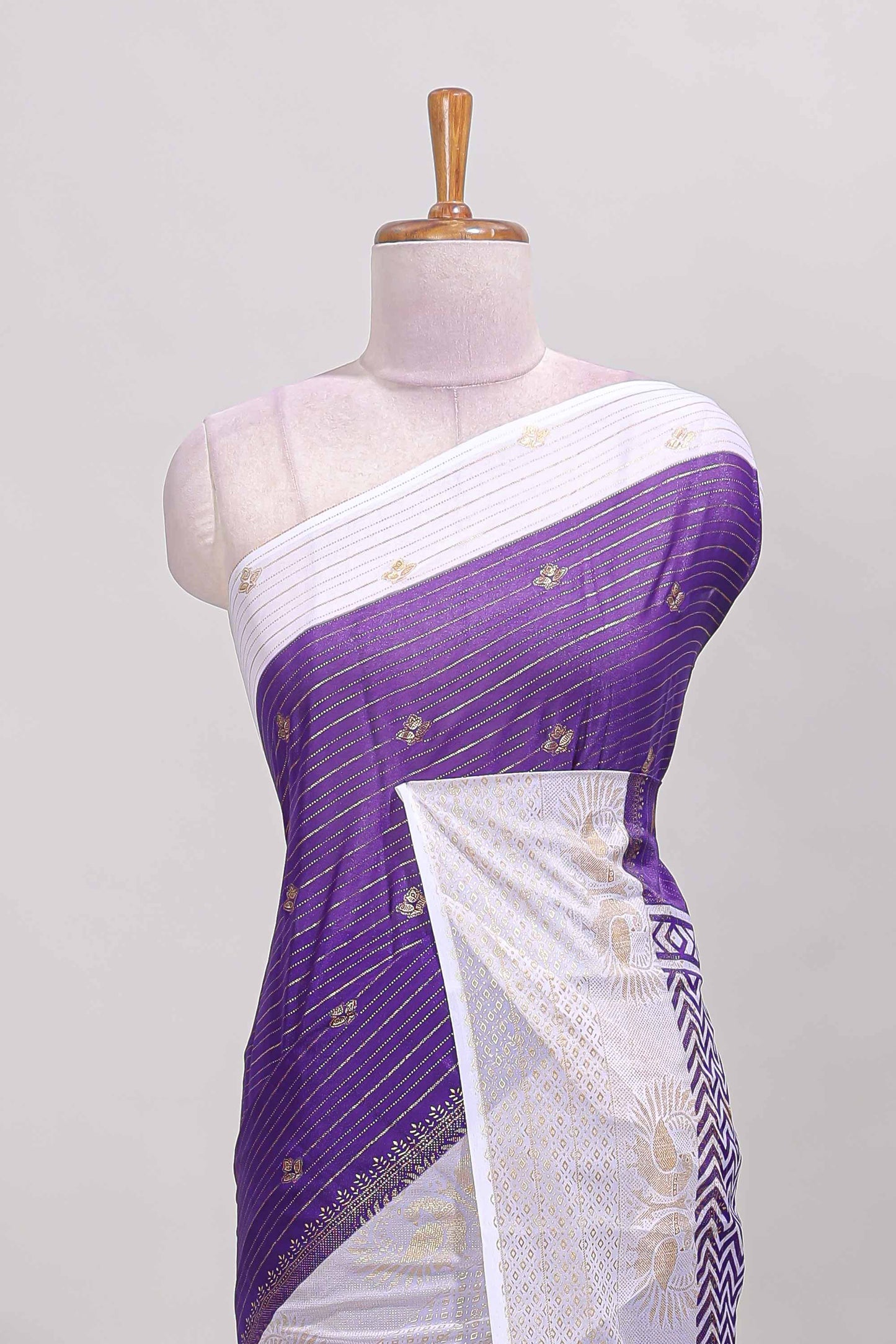 Violet zari striped dola silk saree with contrast zari border and blouse