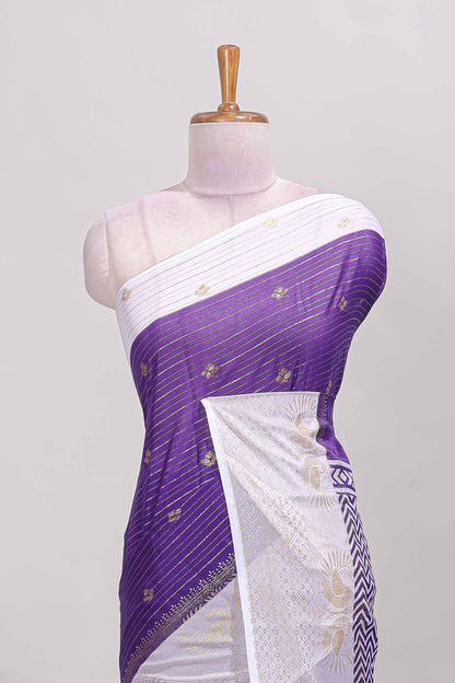 Violet zari striped dola silk saree with contrast zari border and blouse