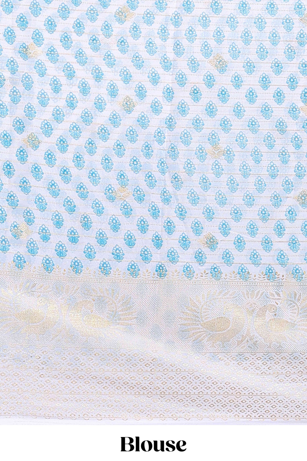 Ice blue zari striped dola silk saree with contrast zari border and blouse