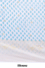 Ice blue zari striped dola silk saree with contrast zari border and blouse