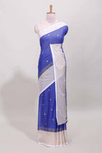 Royal blue zari striped dola silk saree with contrast zari border and blouse