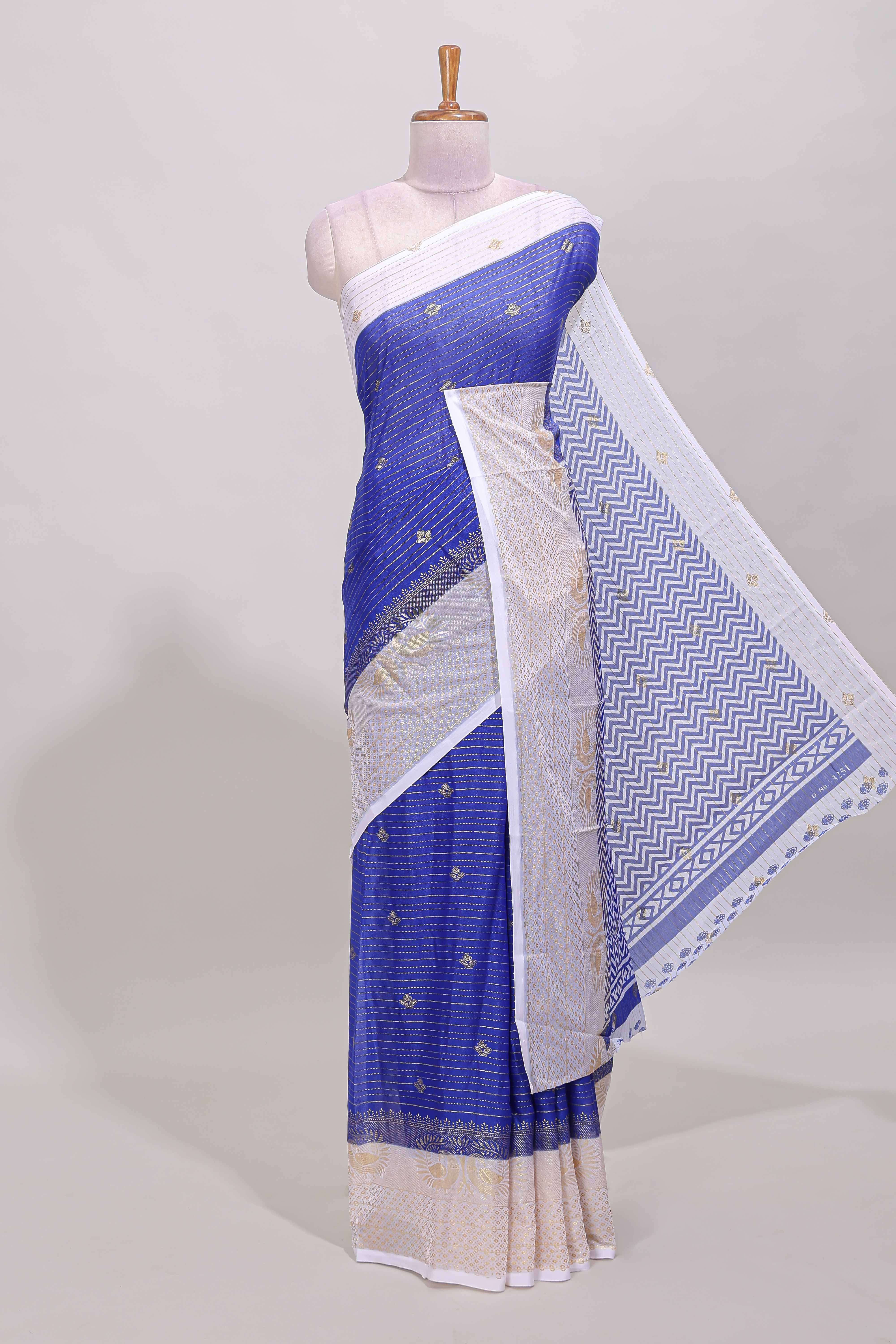 Royal blue zari striped dola silk saree with contrast zari border and blouse