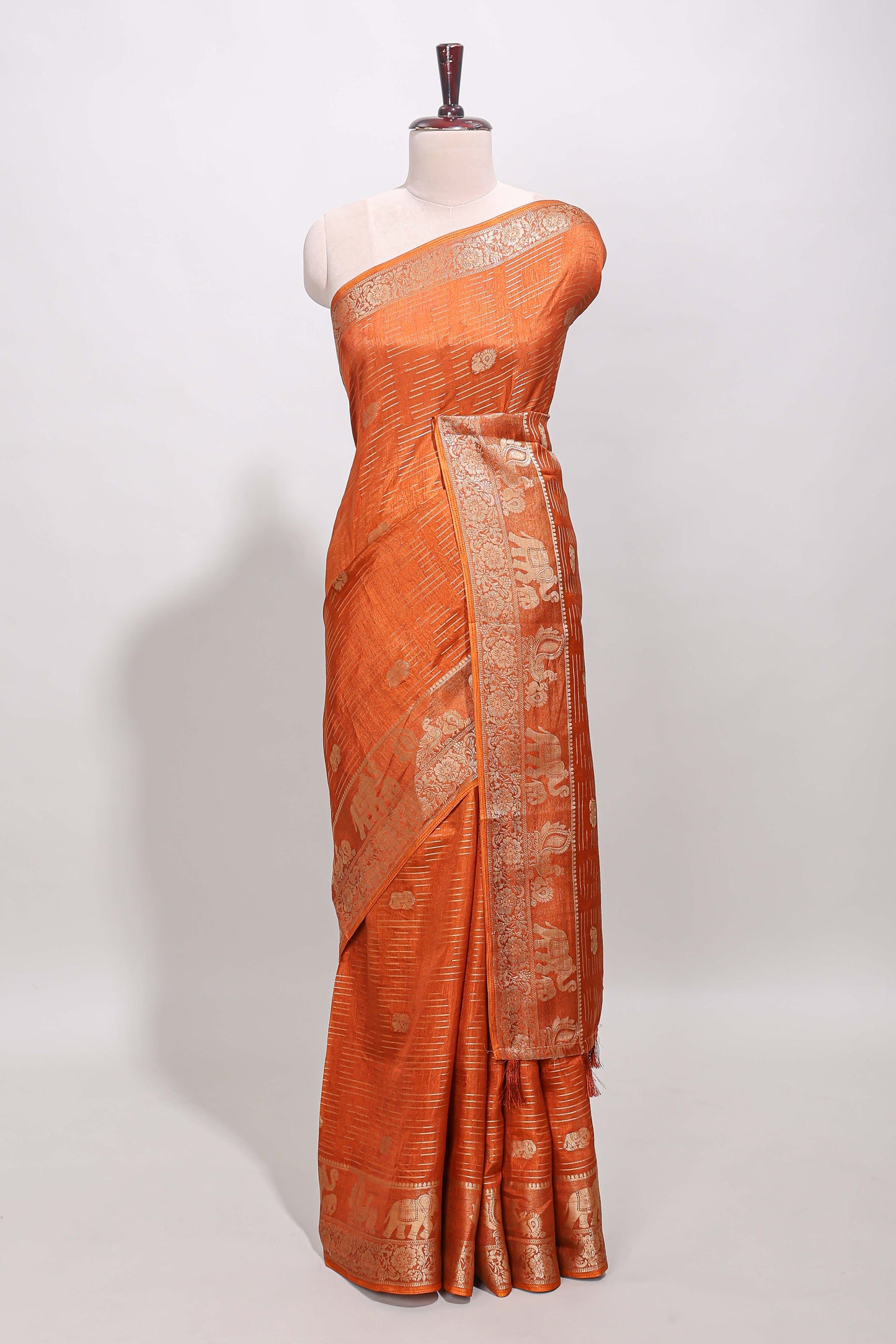 Orange stripes zari butta dola silk saree with self zari border and printed pallu