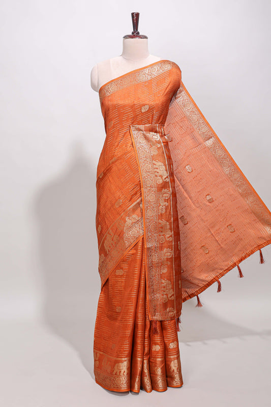 Orange stripes zari butta dola silk saree with self zari border and printed pallu