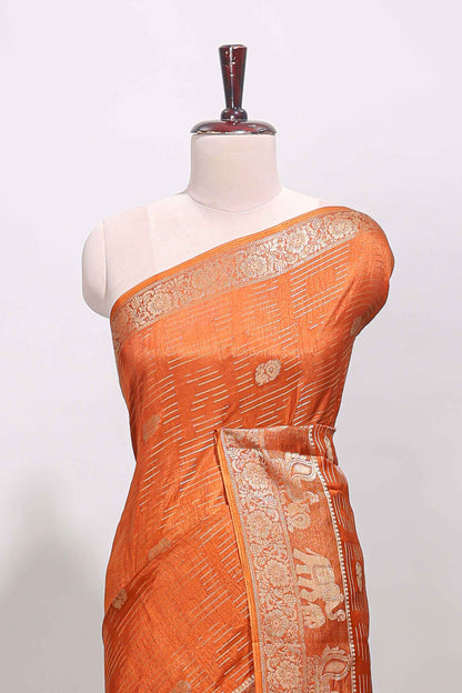 Orange stripes zari butta dola silk saree with self zari border and printed pallu
