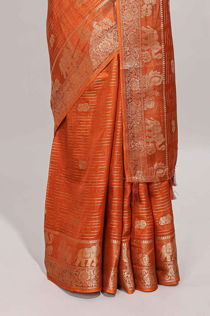 Orange stripes zari butta dola silk saree with self zari border and printed pallu