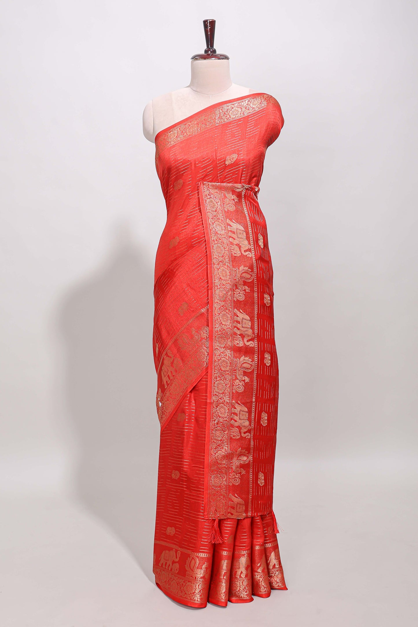 Red stripes zari butta dola silk saree with self zari border and printed pallu