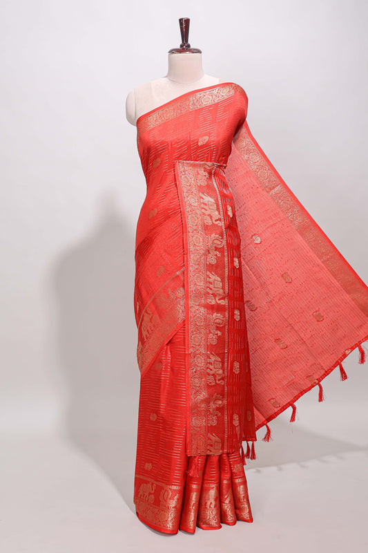 Red stripes zari butta dola silk saree with self zari border and printed pallu