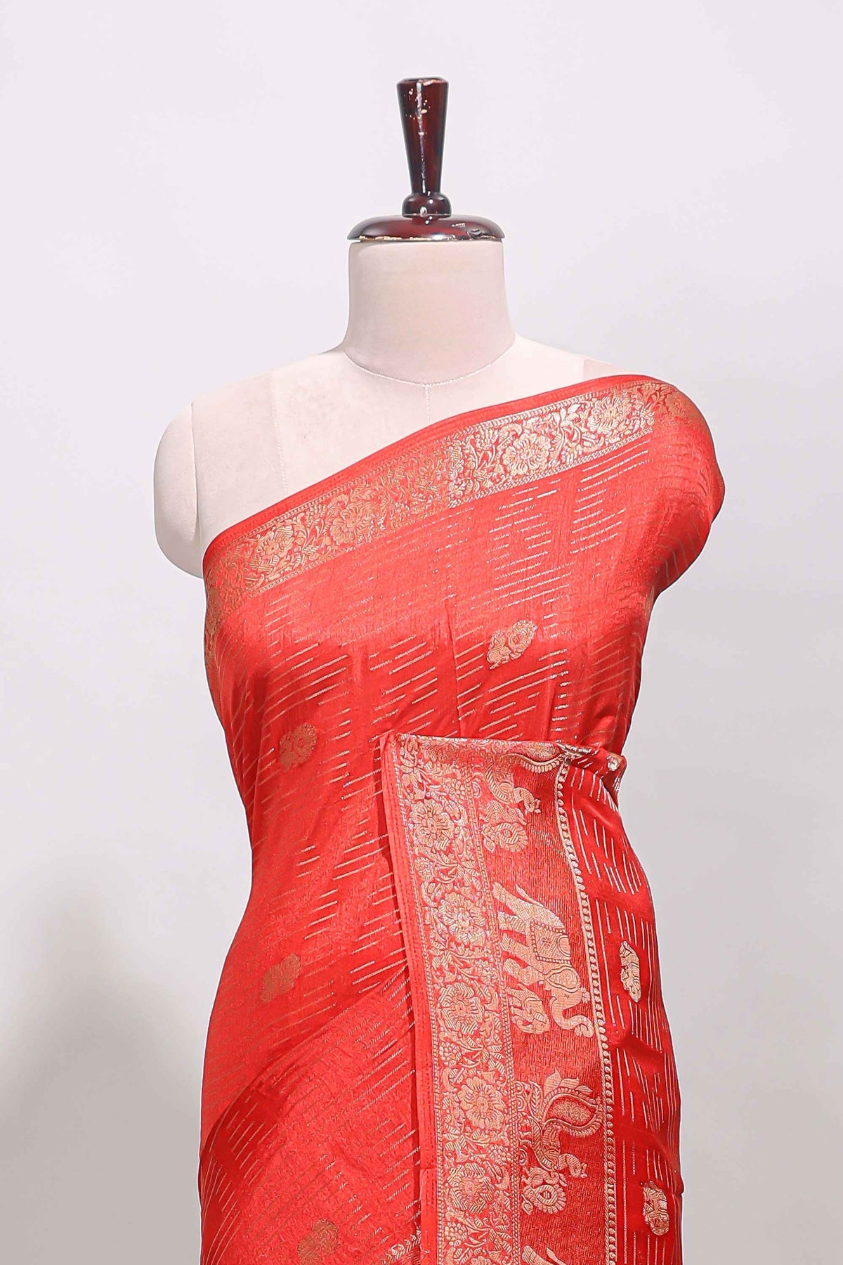 Red stripes zari butta dola silk saree with self zari border and printed pallu
