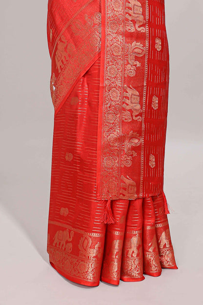 Red stripes zari butta dola silk saree with self zari border and printed pallu