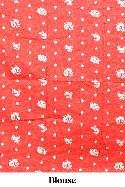 Red stripes zari butta dola silk saree with self zari border and printed pallu