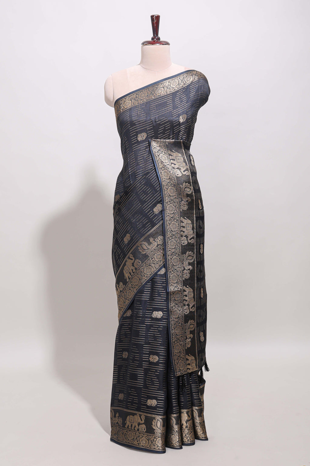 Deep navy blue zari butta dola silk saree with self zari border and printed pallu