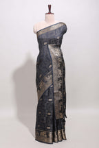 Deep navy blue zari butta dola silk saree with self zari border and printed pallu