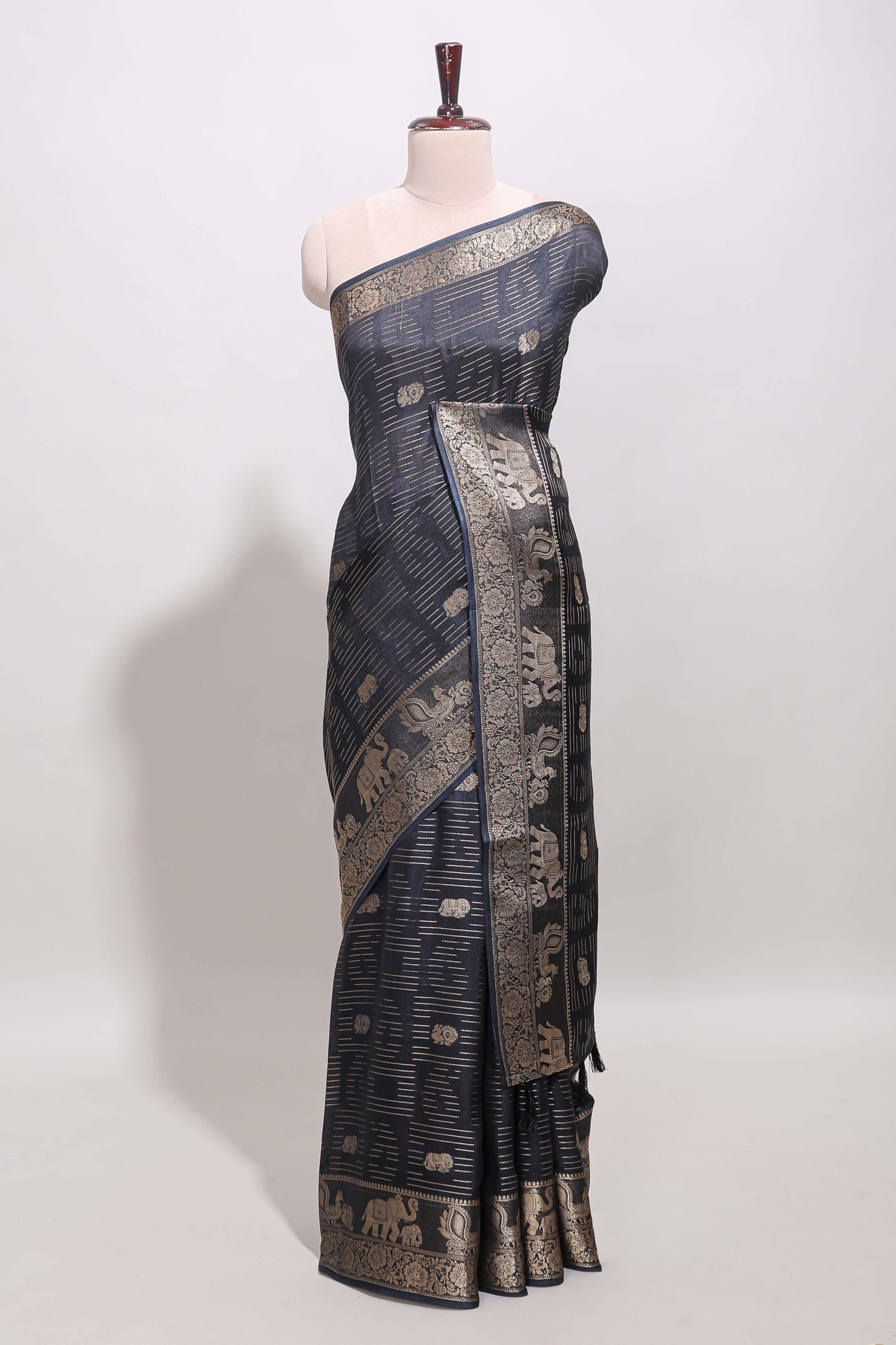 Deep navy blue zari butta dola silk saree with self zari border and printed pallu