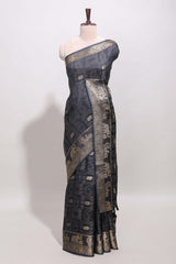 Deep navy blue zari butta dola silk saree with self zari border and printed pallu