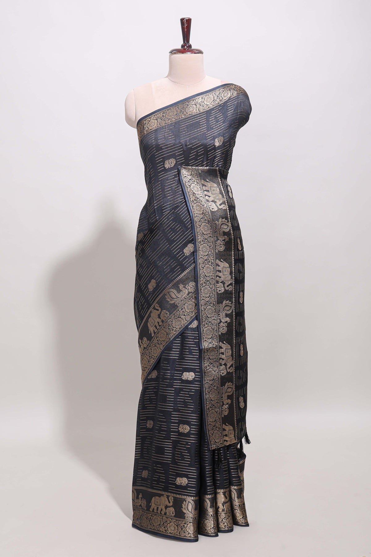 Deep navy blue zari butta dola silk saree with self zari border and printed pallu