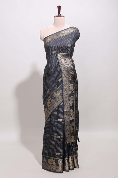 Deep navy blue zari butta dola silk saree with self zari border and printed pallu