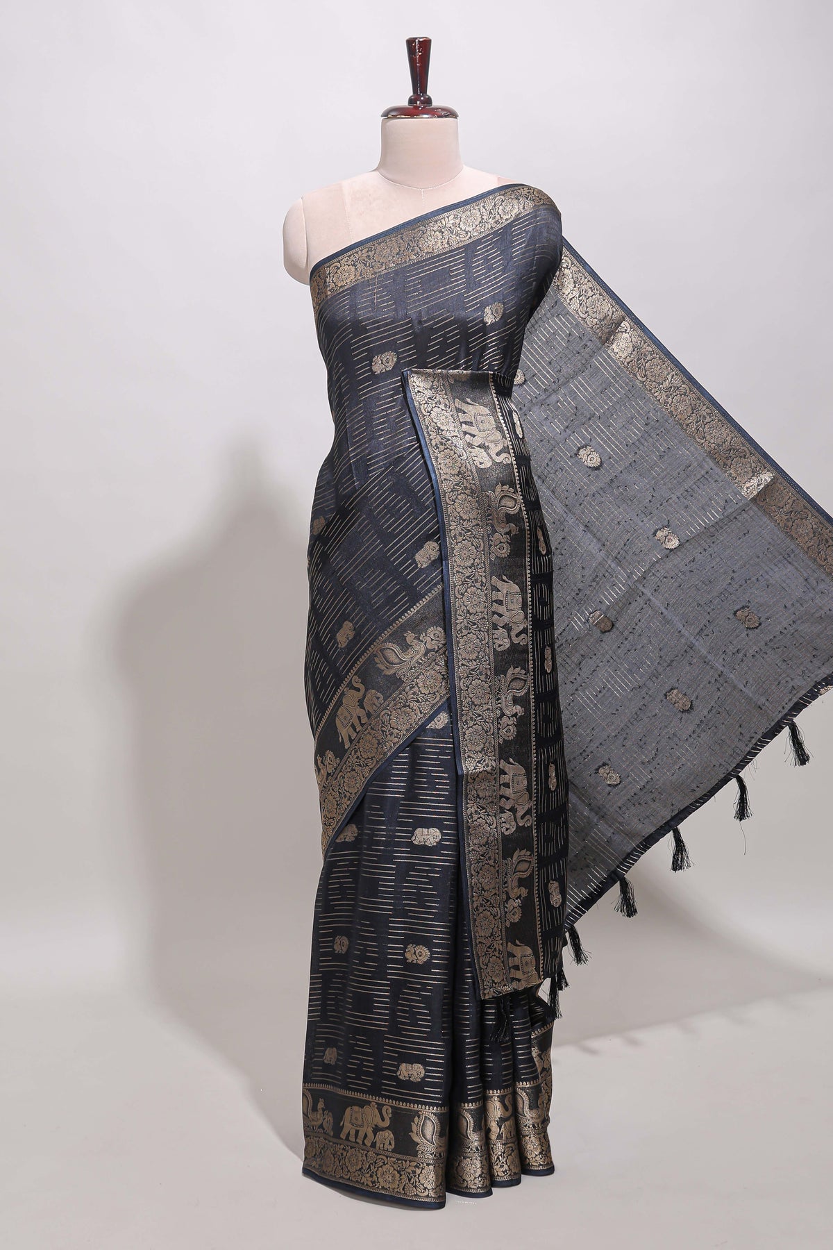 Deep navy blue zari butta dola silk saree with self zari border and printed pallu