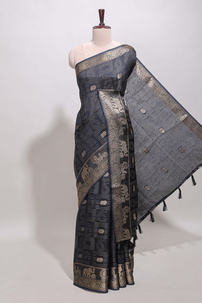 Deep navy blue zari butta dola silk saree with self zari border and printed pallu