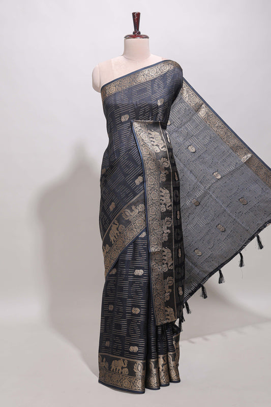 Deep navy blue zari butta dola silk saree with self zari border and printed pallu