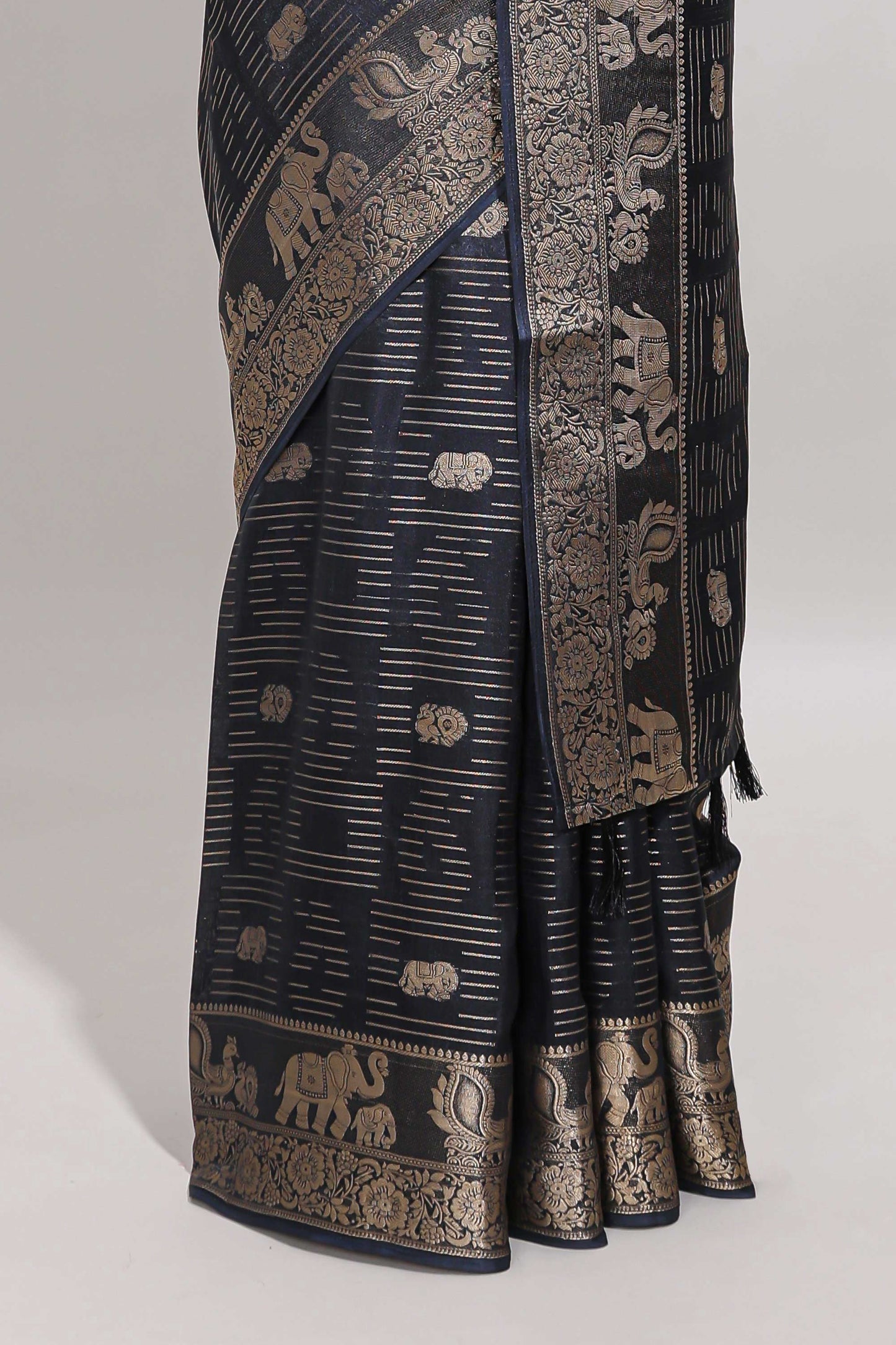 Deep navy blue zari butta dola silk saree with self zari border and printed pallu