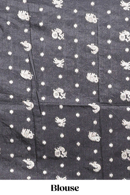 Deep navy blue zari butta dola silk saree with self zari border and printed pallu