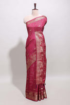 Maroon zari butta dola silk saree with self zari border and printed pallu