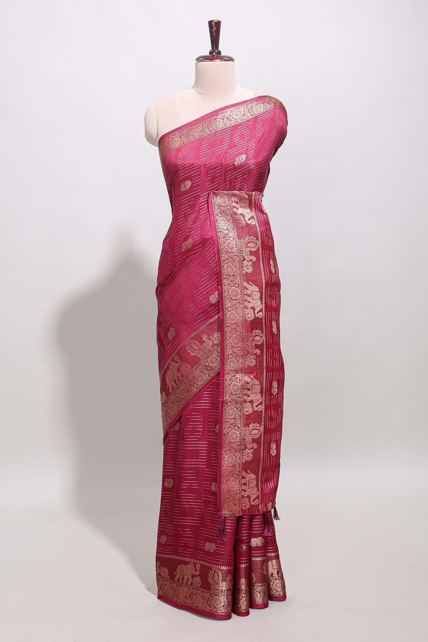Maroon zari butta dola silk saree with self zari border and printed pallu