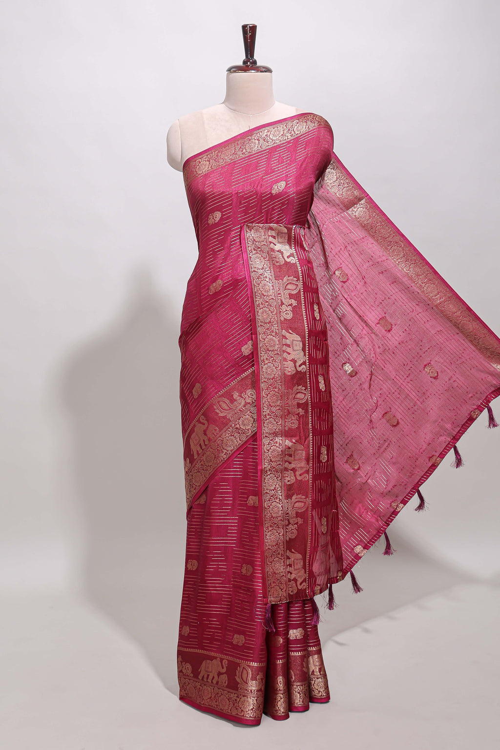Maroon zari butta dola silk saree with self zari border and printed pallu
