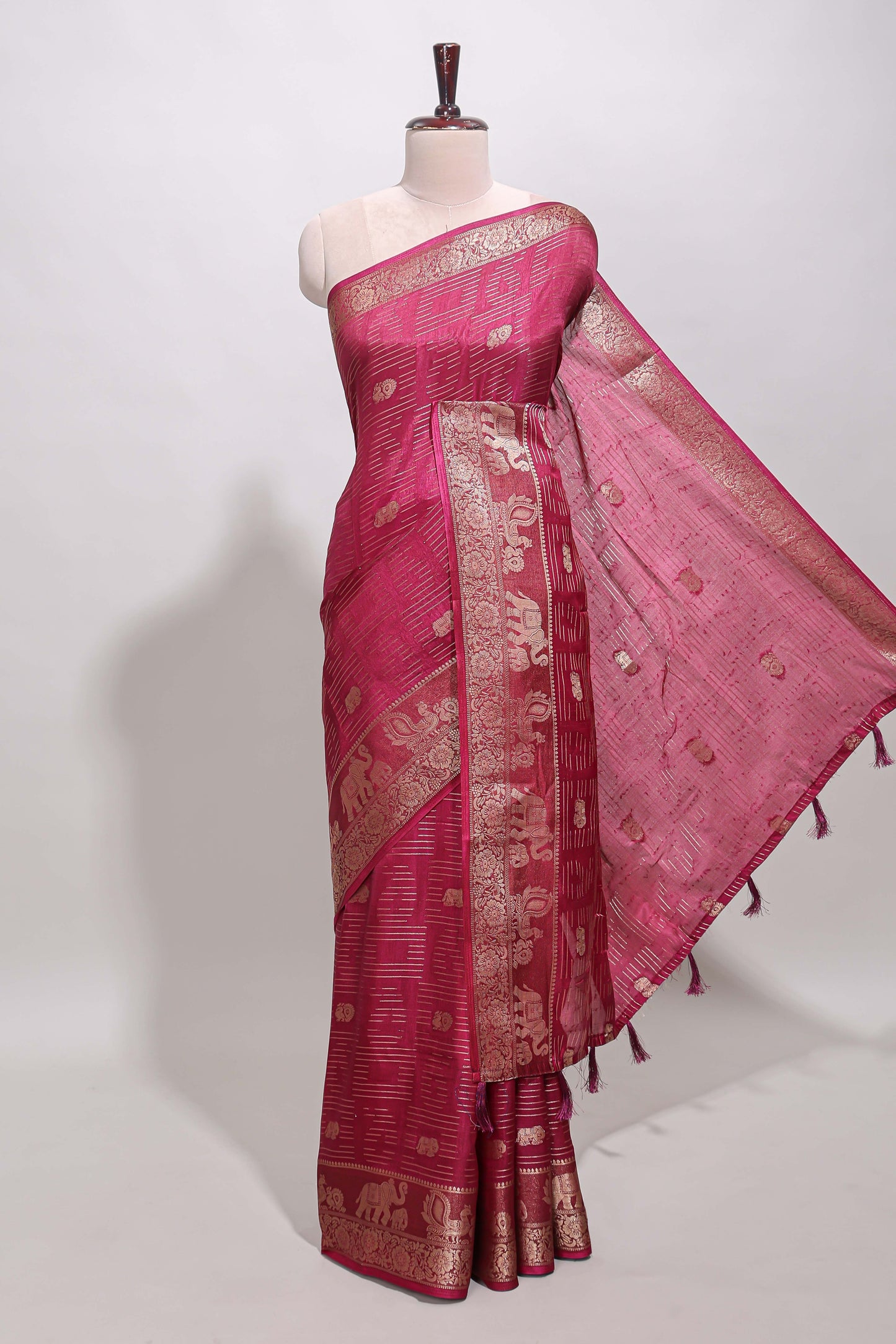 Maroon zari butta dola silk saree with self zari border and printed pallu