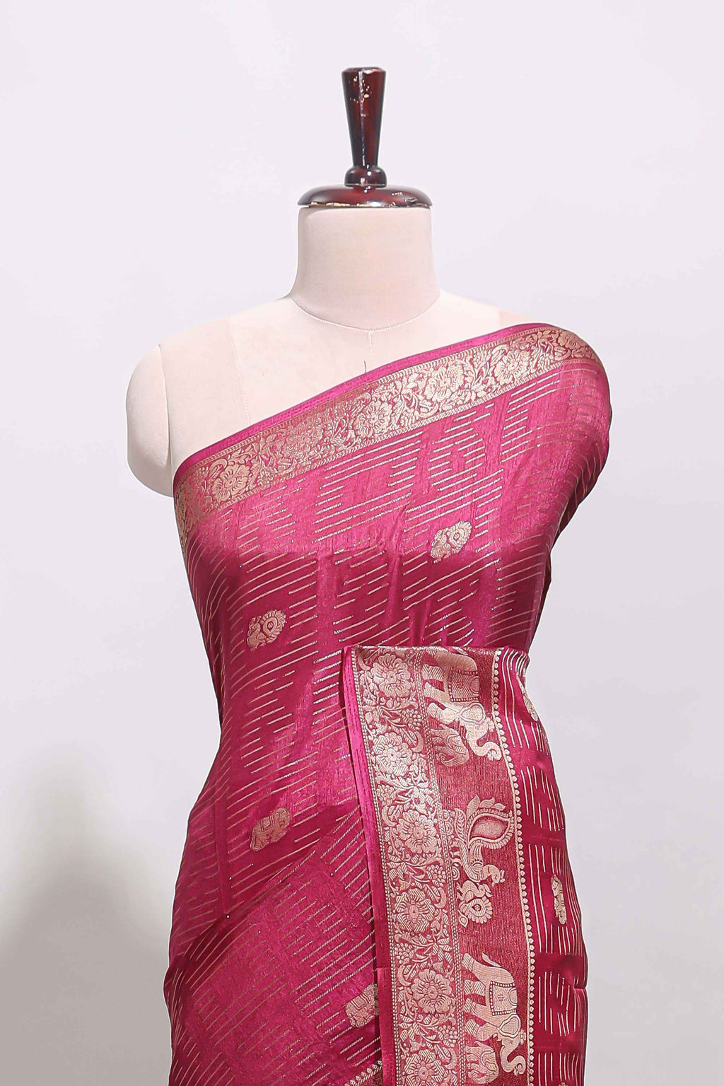 Maroon zari butta dola silk saree with self zari border and printed pallu