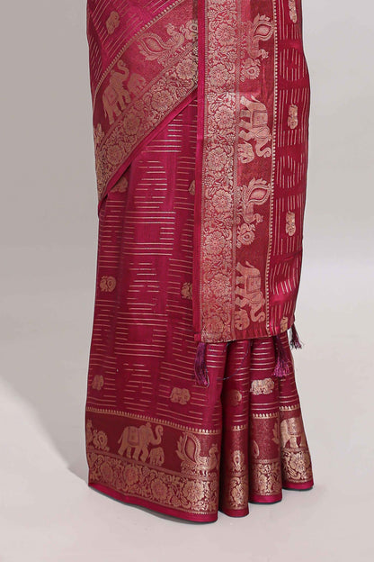 Maroon zari butta dola silk saree with self zari border and printed pallu