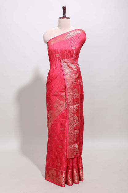Pink zari butta dola silk saree with self zari border and printed pallu