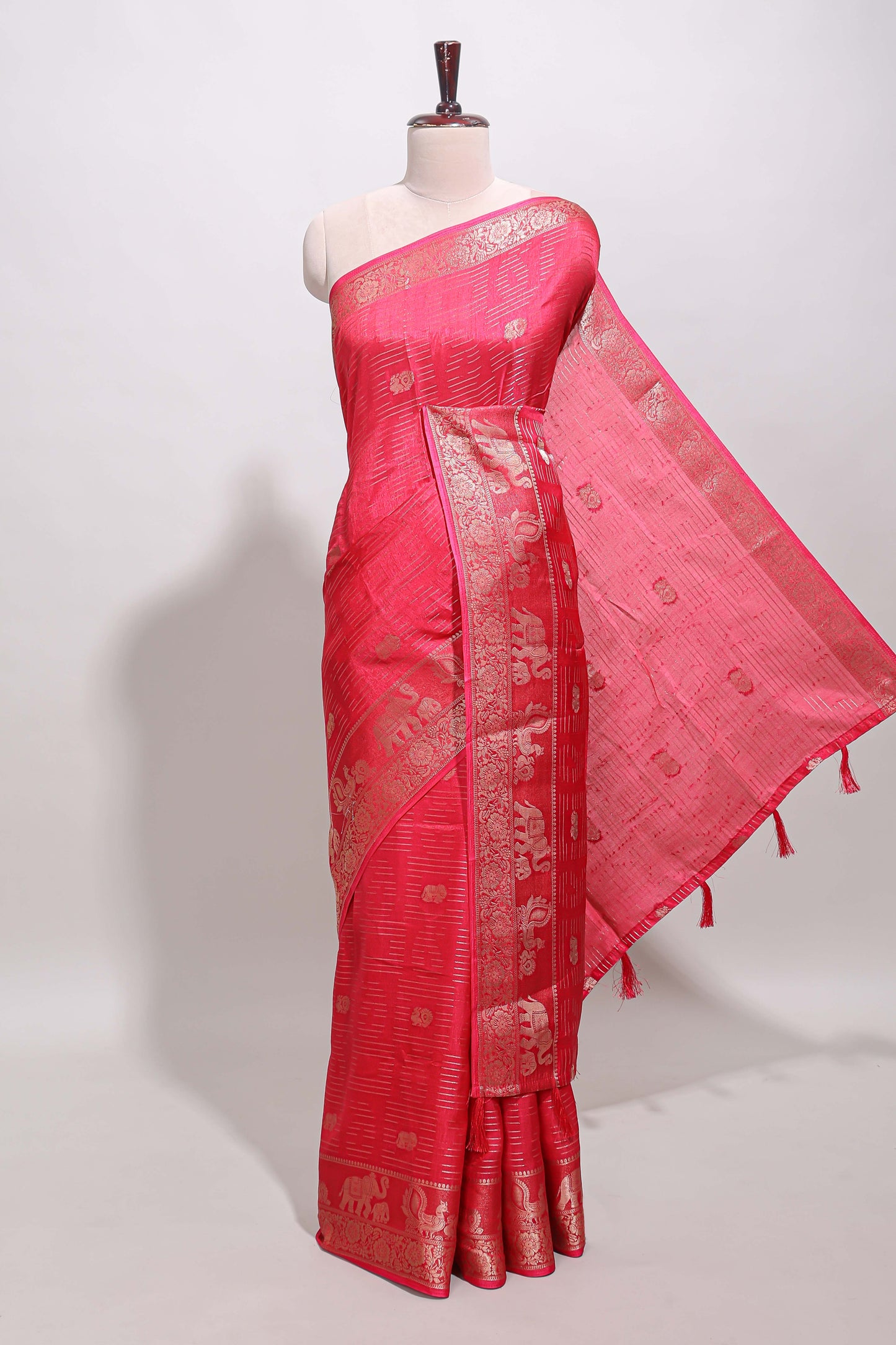 Pink zari butta dola silk saree with self zari border and printed pallu