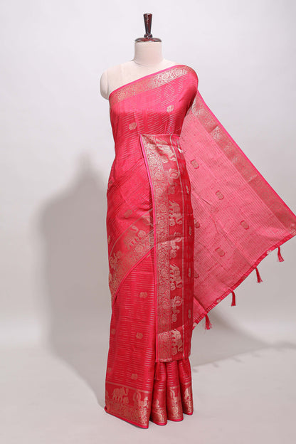 Pink zari butta dola silk saree with self zari border and printed pallu