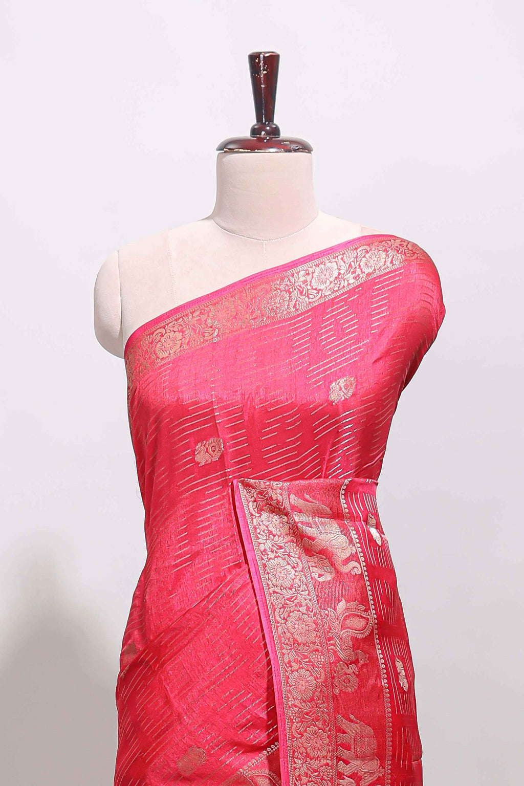 Pink zari butta dola silk saree with self zari border and printed pallu