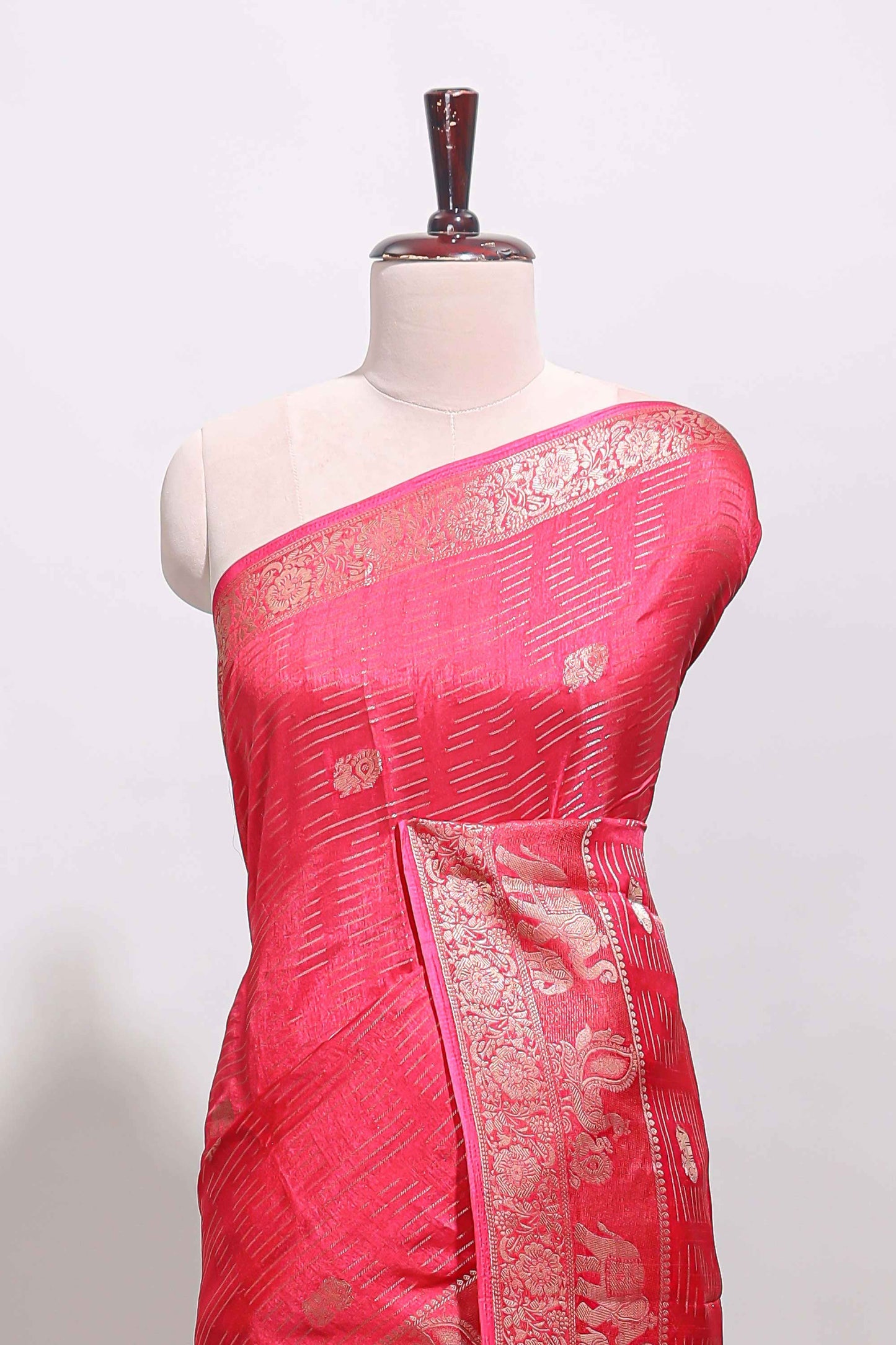 Pink zari butta dola silk saree with self zari border and printed pallu