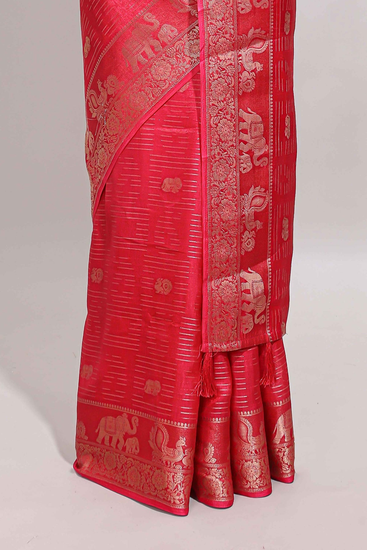 Pink zari butta dola silk saree with self zari border and printed pallu