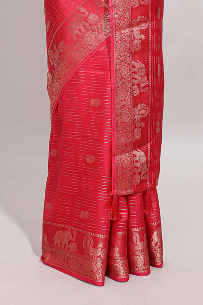 Pink zari butta dola silk saree with self zari border and printed pallu