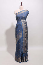 Midnight blue zari butta dola silk saree with self zari border and printed pallu