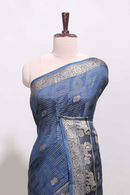 Midnight blue zari butta dola silk saree with self zari border and printed pallu