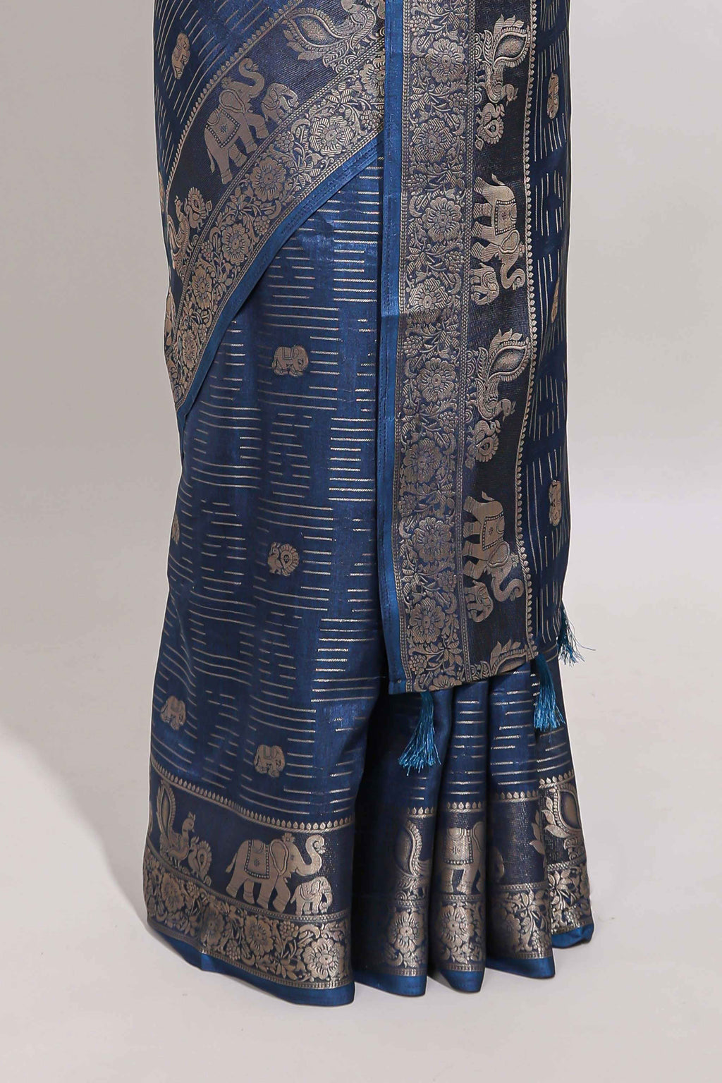 Midnight blue zari butta dola silk saree with self zari border and printed pallu
