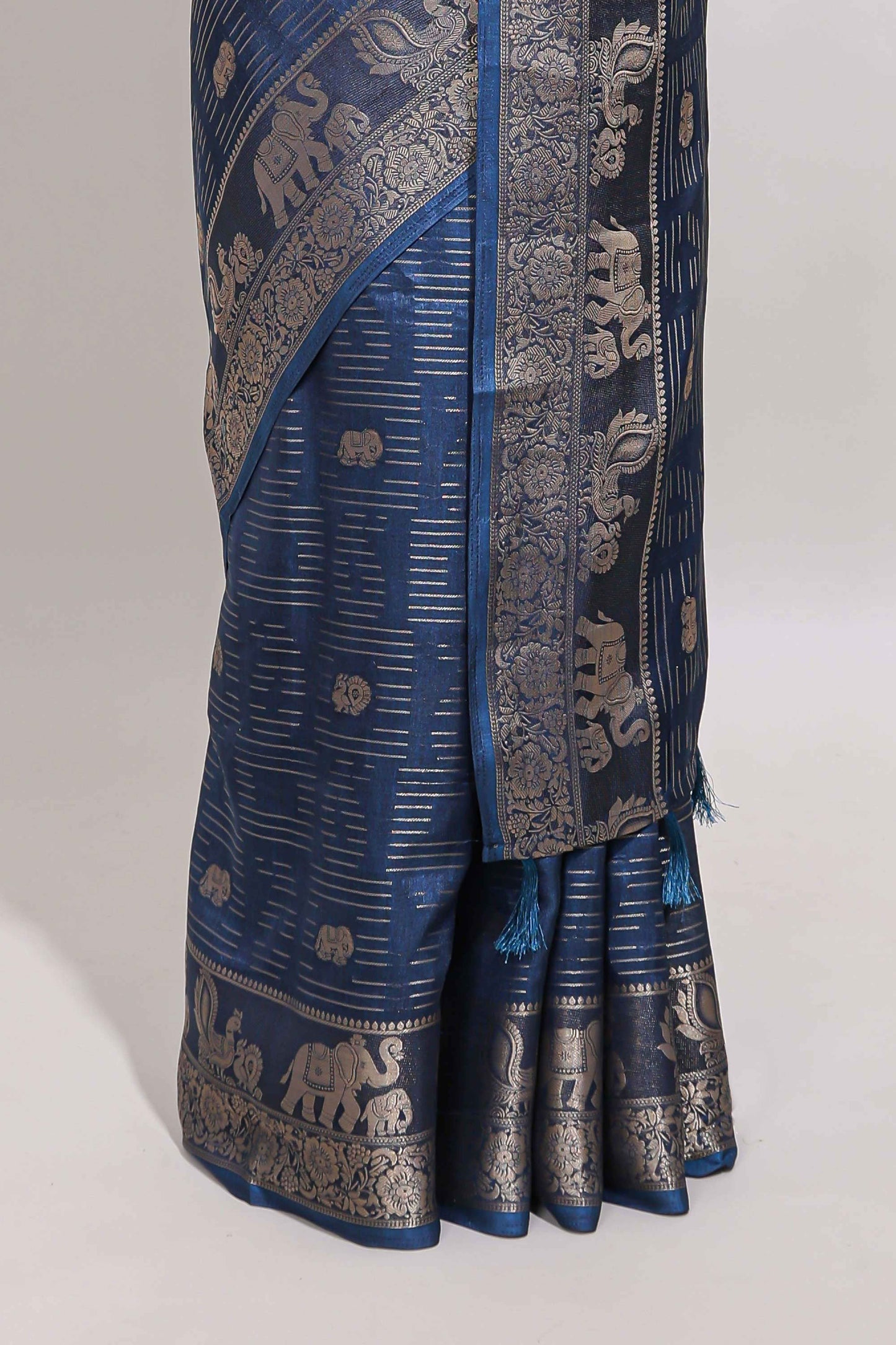Midnight blue zari butta dola silk saree with self zari border and printed pallu