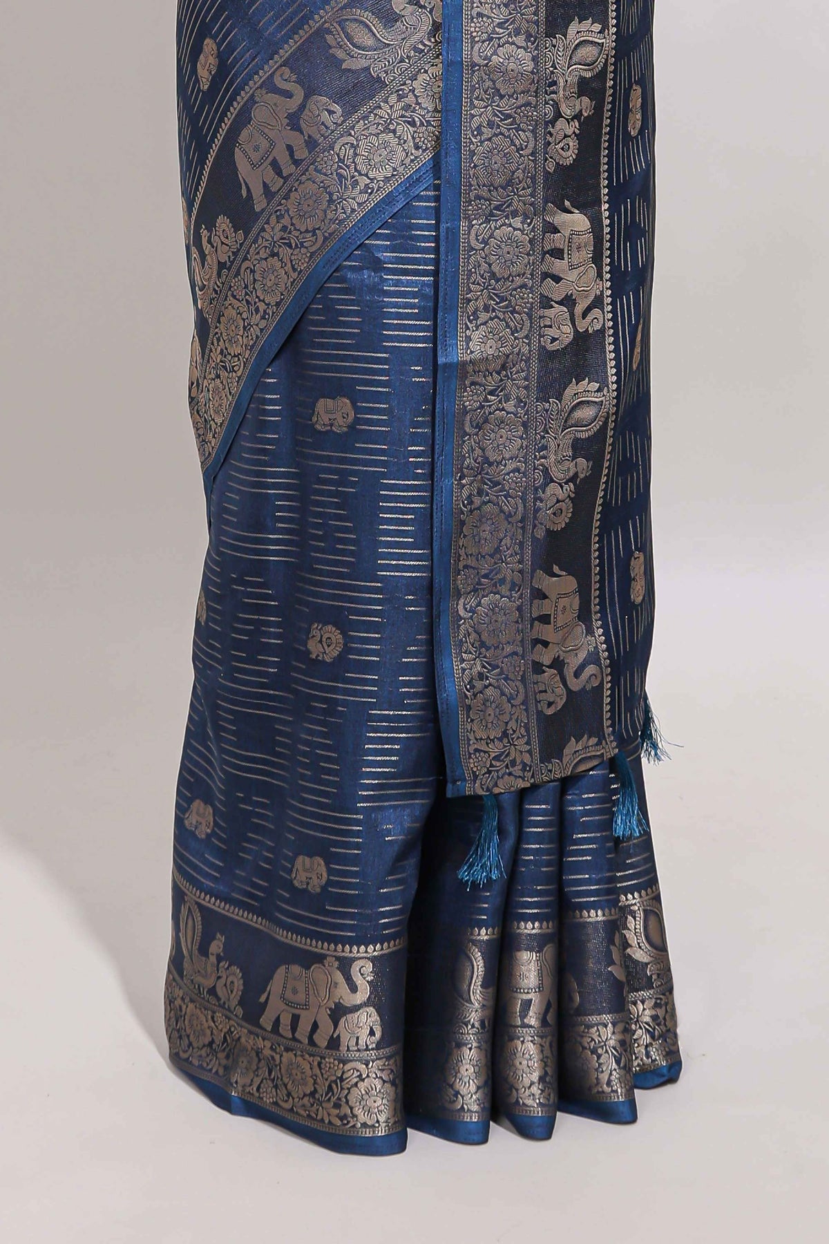 Midnight blue zari butta dola silk saree with self zari border and printed pallu