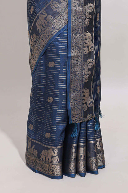 Midnight blue zari butta dola silk saree with self zari border and printed pallu